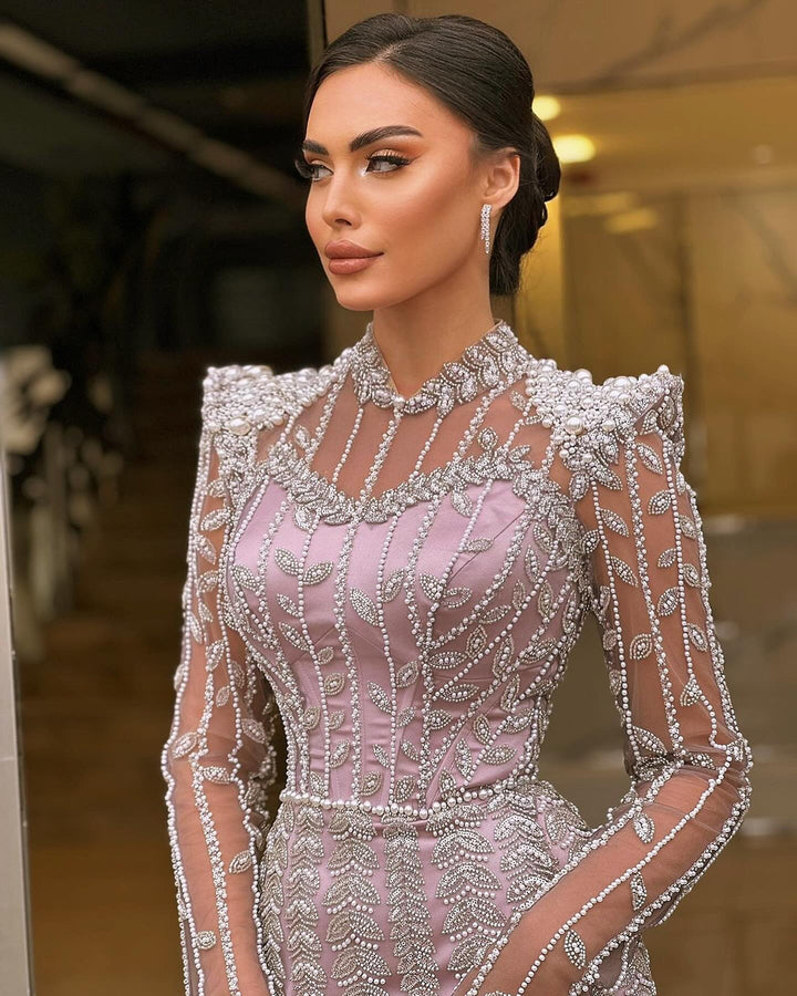 Cream Long Sleeves Arabic Evening Dresses SS696