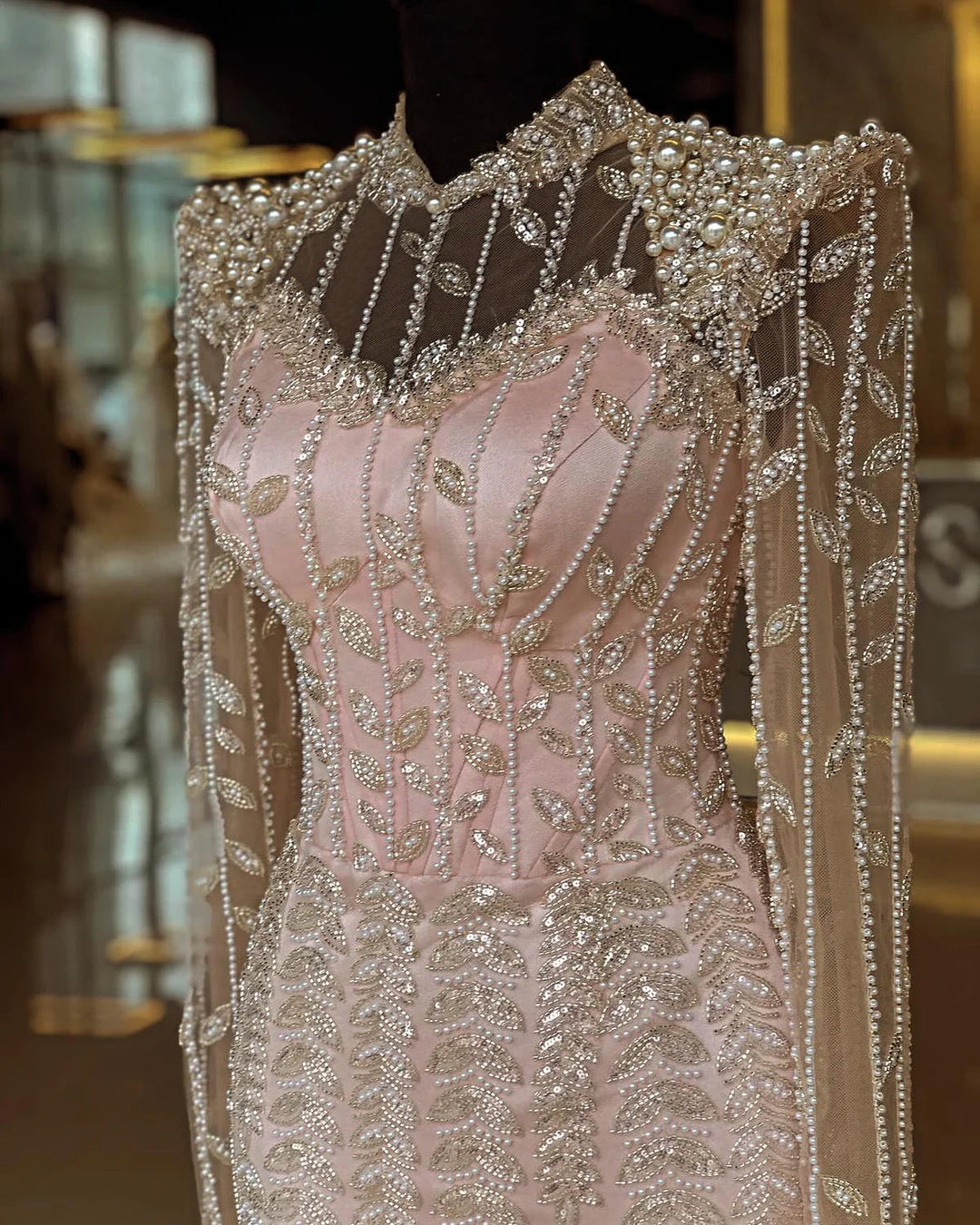 Cream Long Sleeves Arabic Evening Dresses SS696