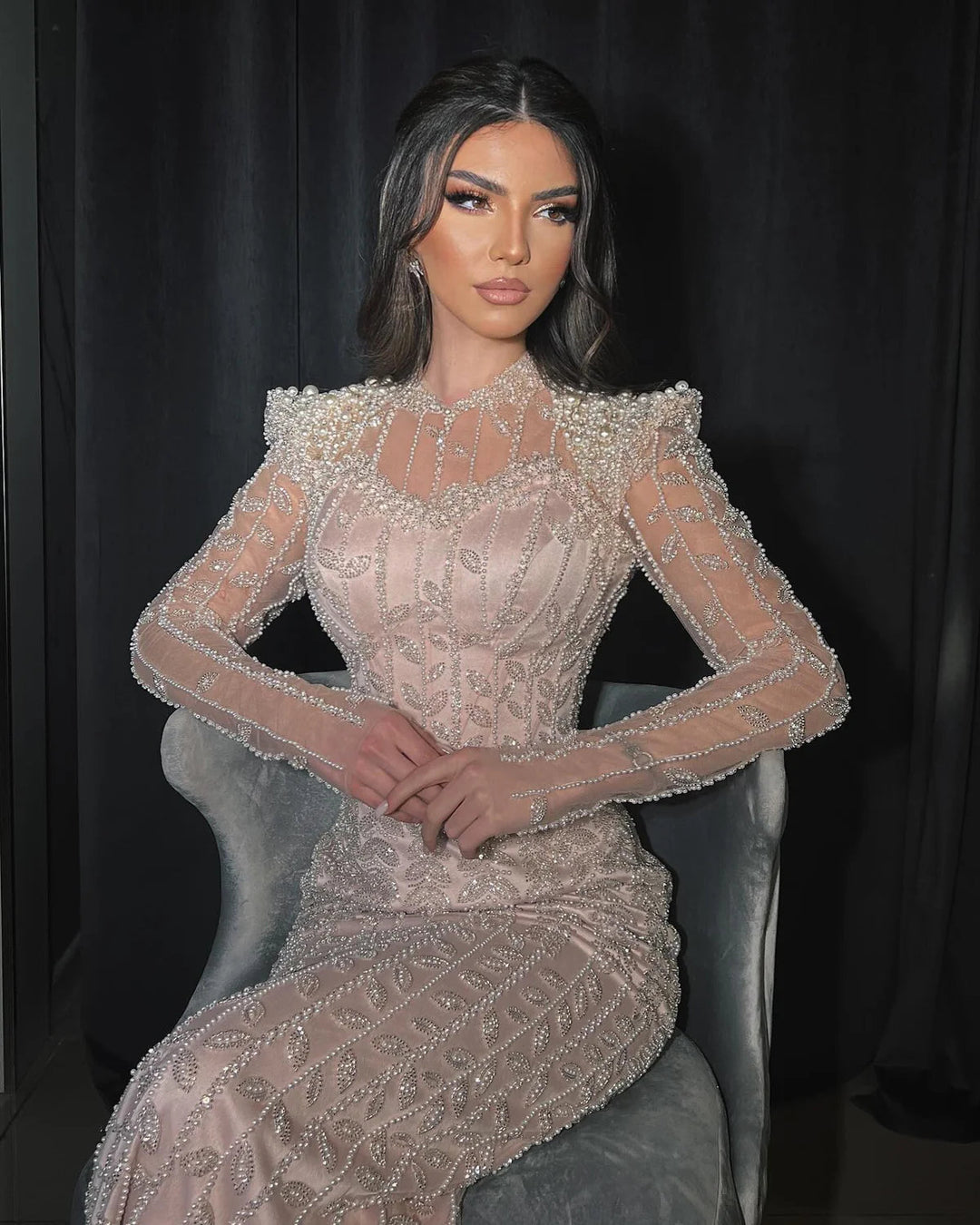 Cream Long Sleeves Arabic Evening Dresses SS696 DreamyVow Cream Long Sleeves Arabic Evening Dresses SS696 DreamyVow
