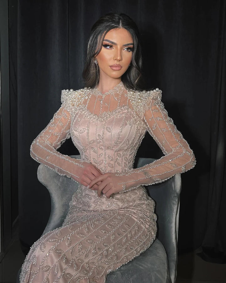 Cream Long Sleeves Arabic Evening Dresses SS696