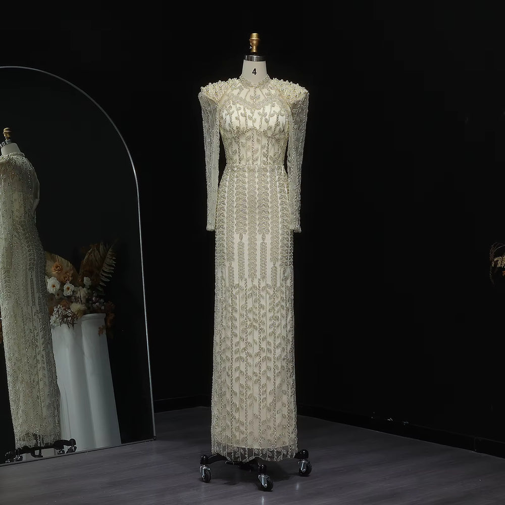 Cream Long Sleeves Arabic Evening Dresses SS696-DreamyVow