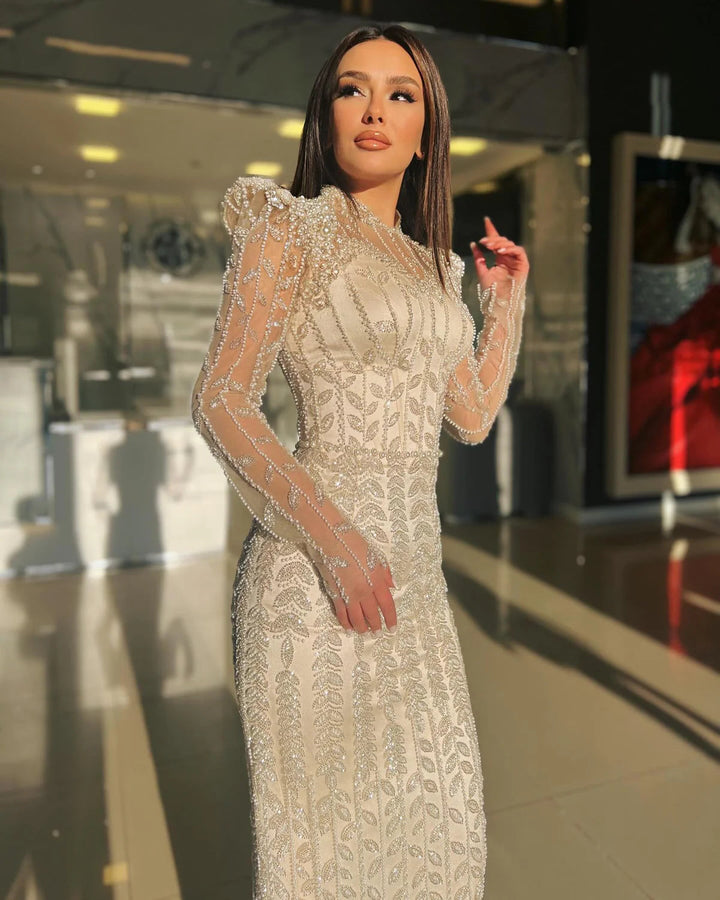Cream Long Sleeves Arabic Evening Dresses SS696