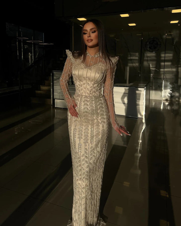 Cream Long Sleeves Arabic Evening Dresses SS696