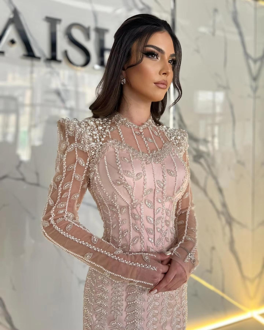Cream Long Sleeves Arabic Evening Dresses SS696