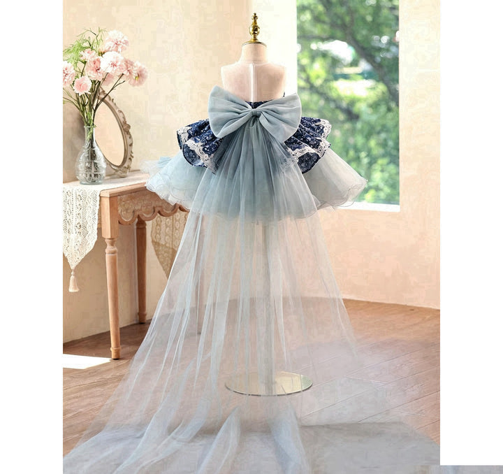 Navy Floral Off-Shoulder High-Low Tulle Flower Girl Dress with Bows D288