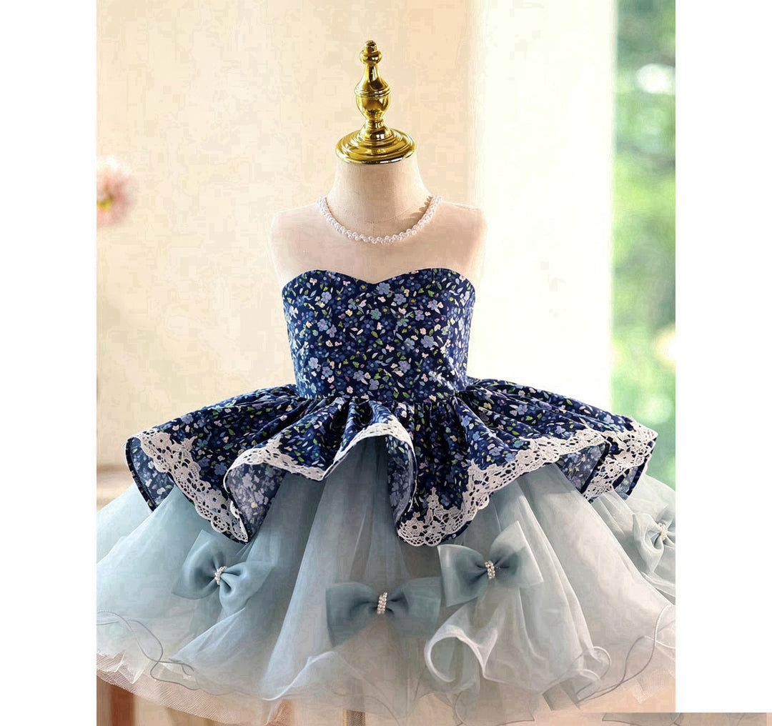 Navy Floral Off-Shoulder High-Low Tulle Flower Girl Dress with Bows D288