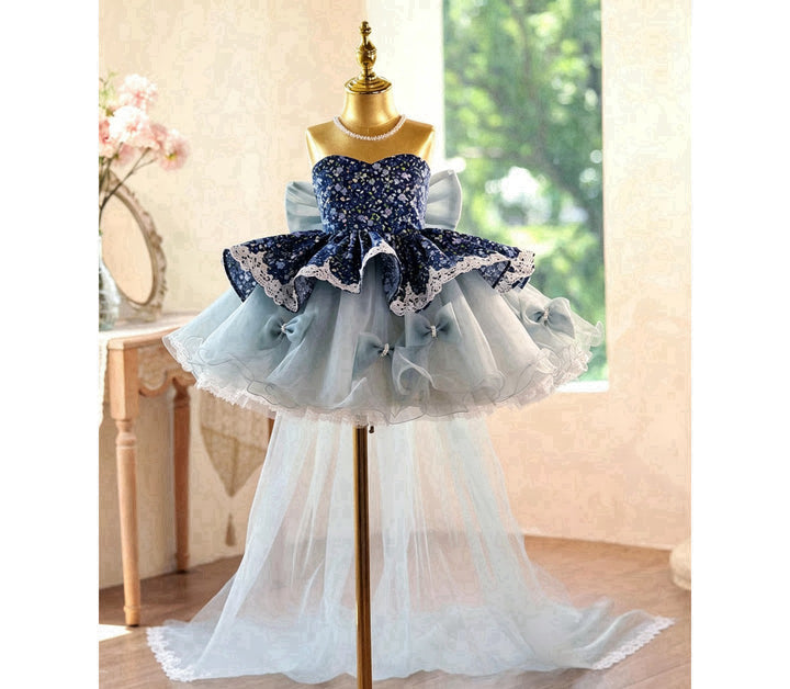 Navy Floral Off-Shoulder High-Low Tulle Flower Girl Dress with Bows D288