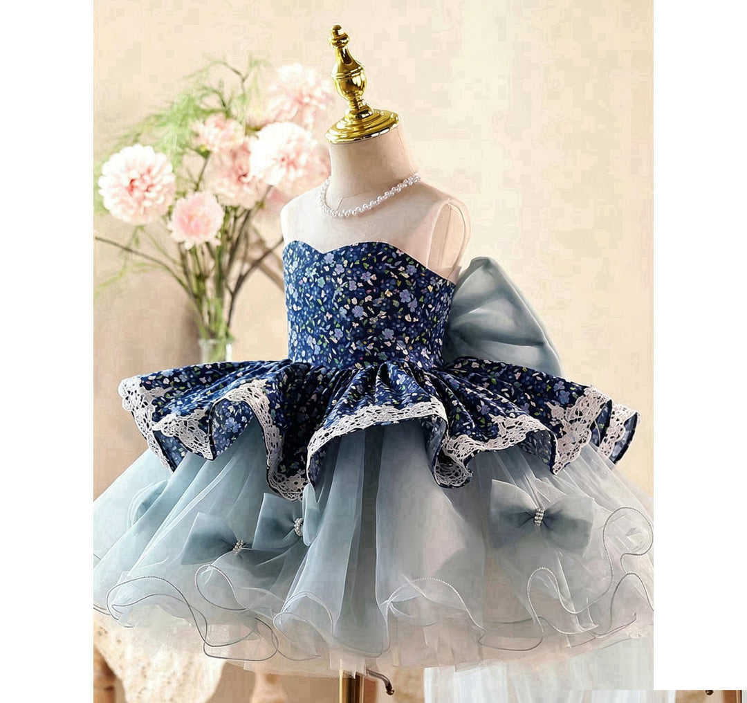 Navy Floral Off-Shoulder High-Low Tulle Flower Girl Dress with Bows D288