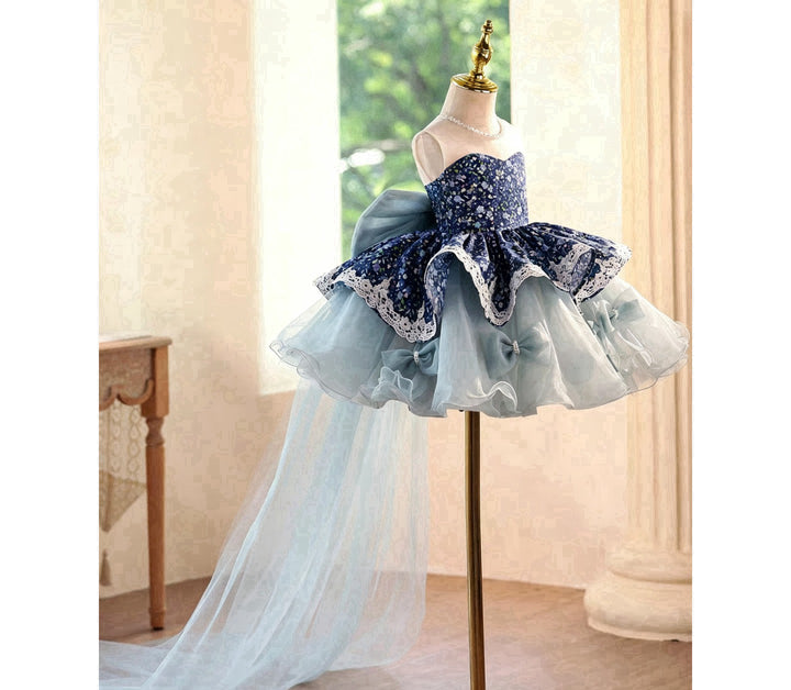 Navy Floral Off-Shoulder High-Low Tulle Flower Girl Dress with Bows D288
