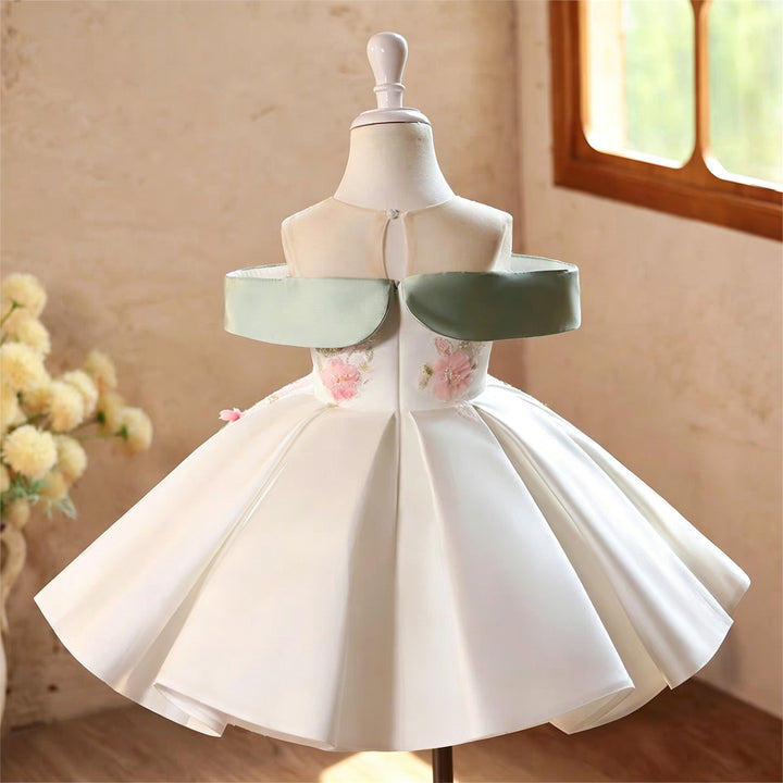 Ivory Floral Off-Shoulder Satin Flower Girl Dress with Mint Green Collar D289