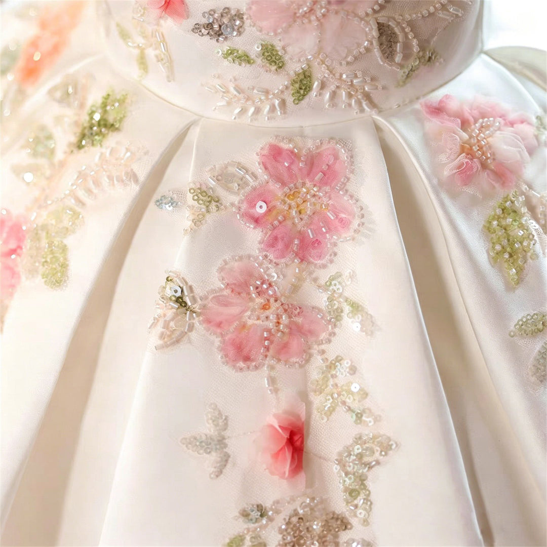 Ivory Floral Off-Shoulder Satin Flower Girl Dress with Mint Green Collar D289