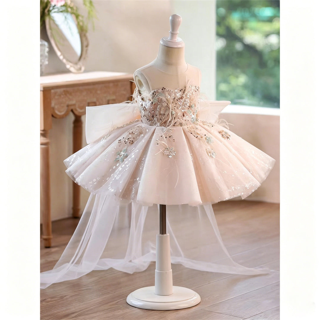 Champagne Beaded Feather Tulle Flower Girl Dress with Oversized Bow D290