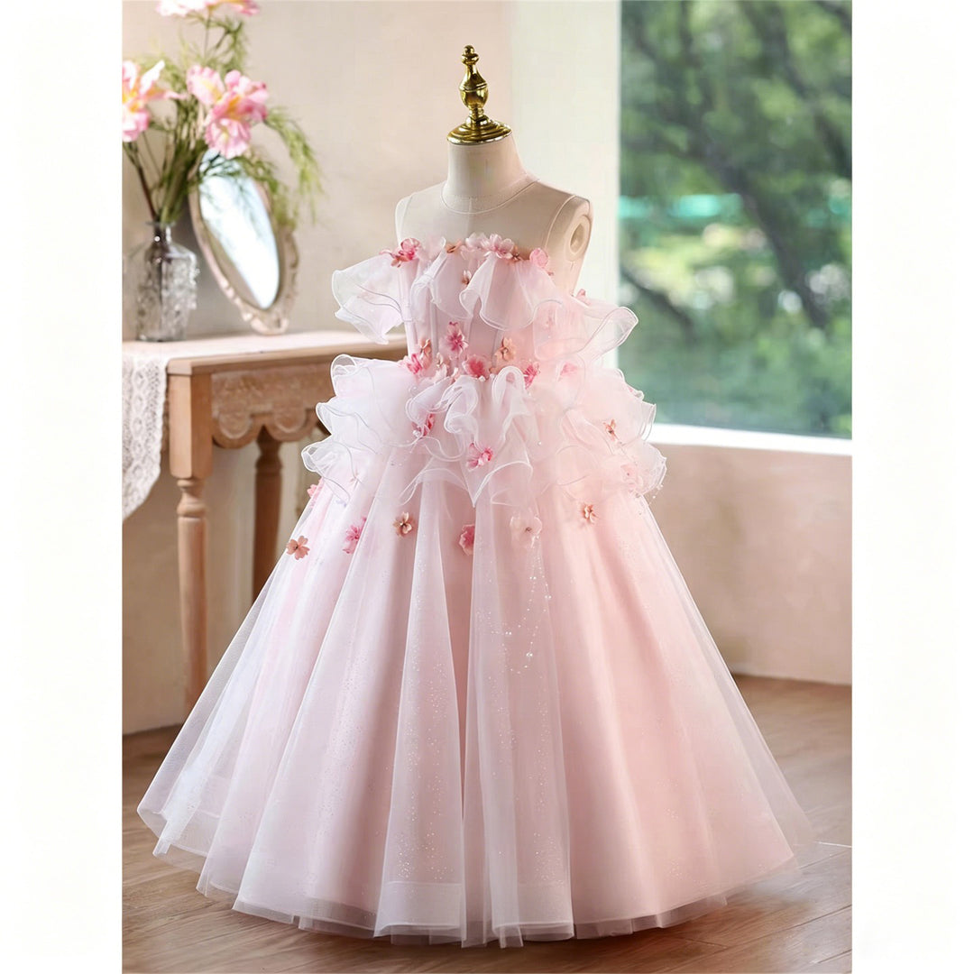 Blush Pink 3D Floral Ruffle Tulle Ball Gown Flower Girl Dress D360