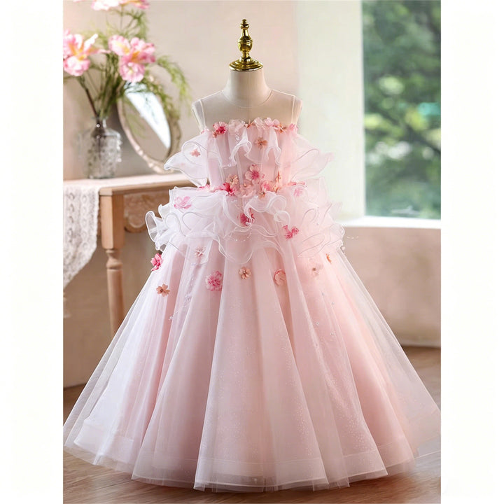 Blush Pink 3D Floral Ruffle Tulle Ball Gown Flower Girl Dress D360