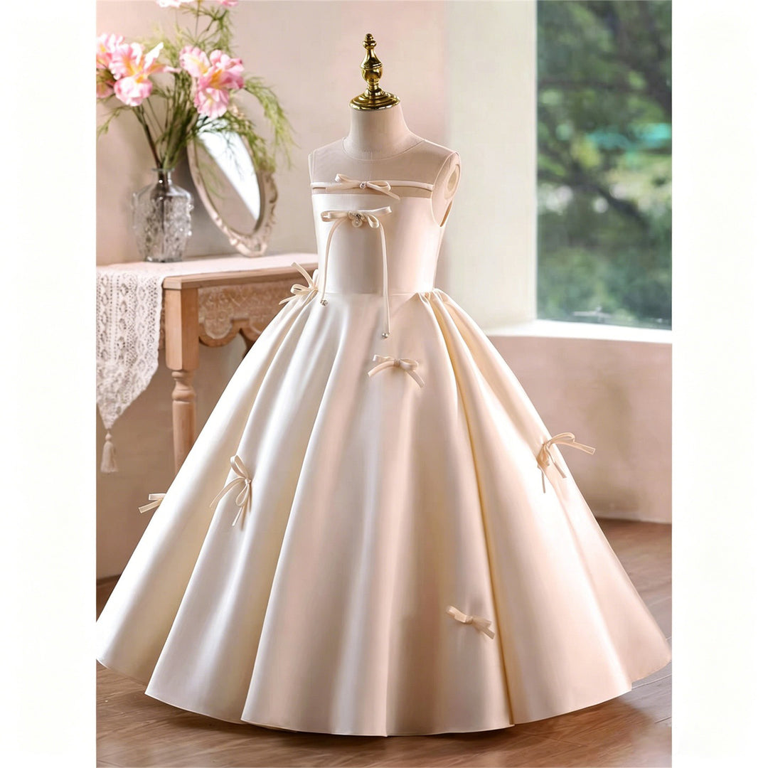 Ivory Satin Illusion Neck Ball Gown Flower Girl Dress with Bow Accents D361