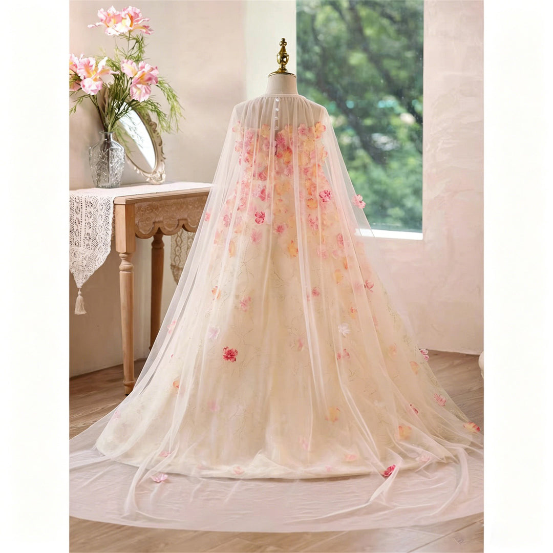 Ivory Pink 3D Floral Glitter Tulle Flower Girl Ball Gown with Sheer Cape D362