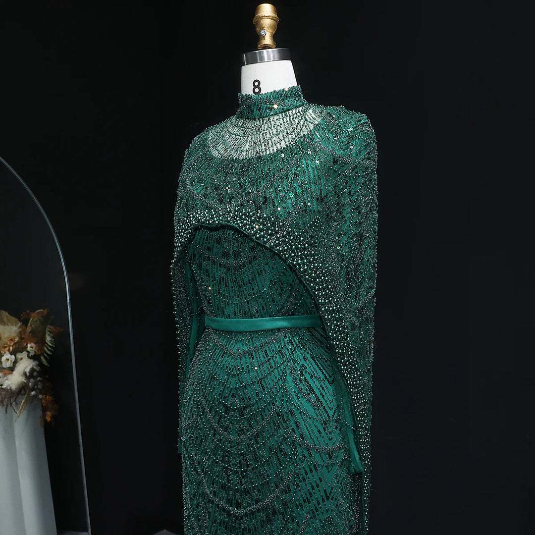 Nude Luxury Long Sleeves Muslim Evening Dresses with Cape SS369A