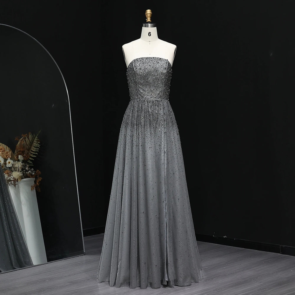 Dazzling Gray Crystal Spaghetti Evening Dress SS375