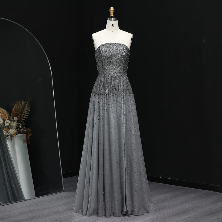 Dazzling Gray Crystal Spaghetti Evening Dress SS375