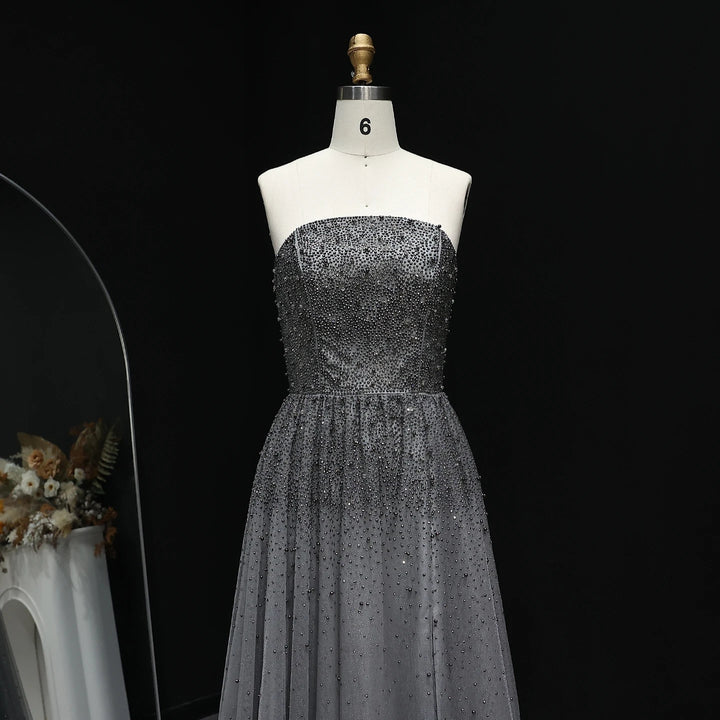 Dazzling Gray Crystal Spaghetti Evening Dress SS375