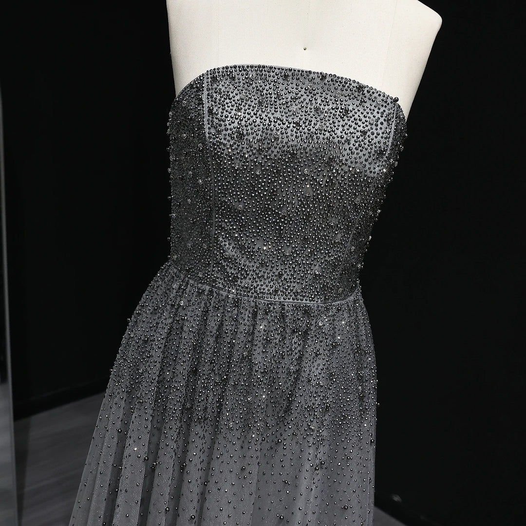 Dazzling Gray Crystal Spaghetti Evening Dress SS375
