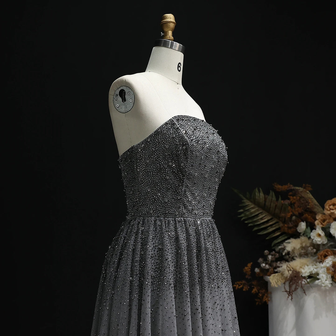 Dazzling Gray Crystal Spaghetti Evening Dress SS375