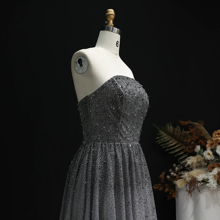 Dazzling Gray Crystal Spaghetti Evening Dress SS375