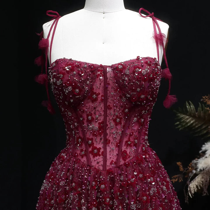 Delicate Pink 3D Floral Spaghetti Evening Dress SS701-DreamyVow