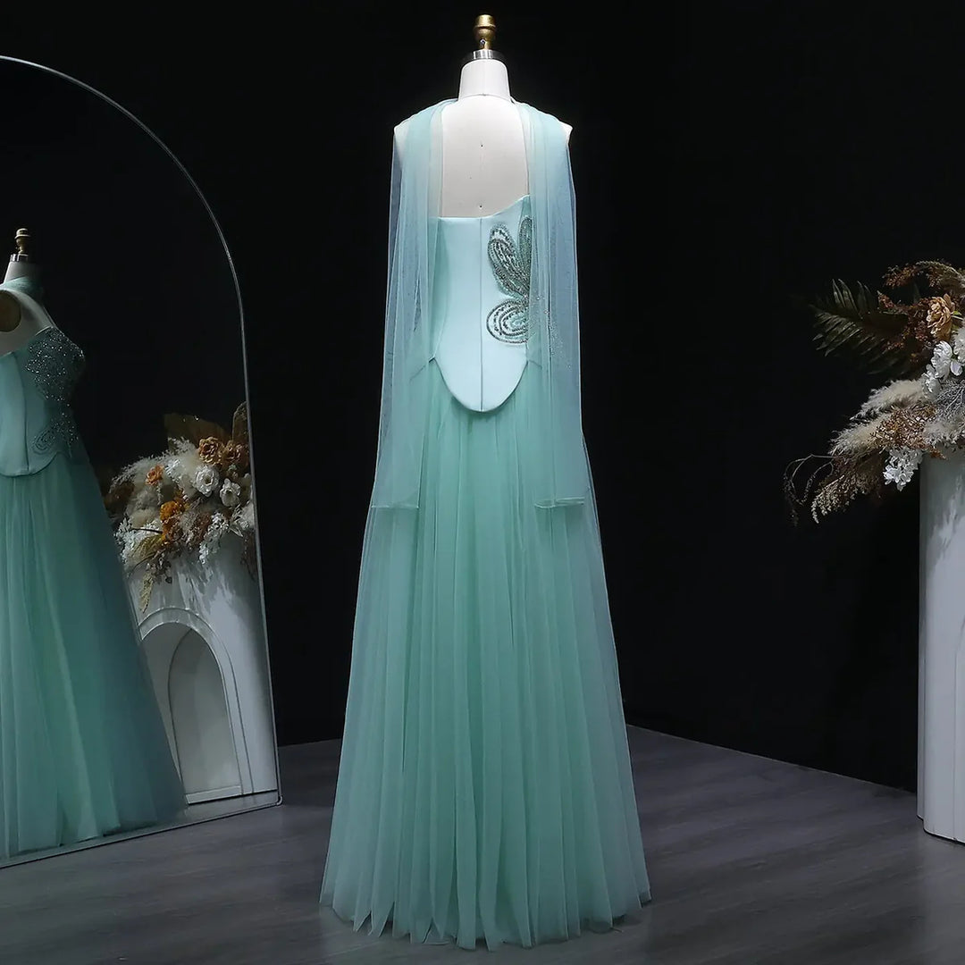 Dreamy Aqua Beaded Strapless with Scarf Evening Dress SS413 Aqua / 6 Dreamy Aqua Beaded Strapless with Scarf Evening Dress SS413 Aqua / 6