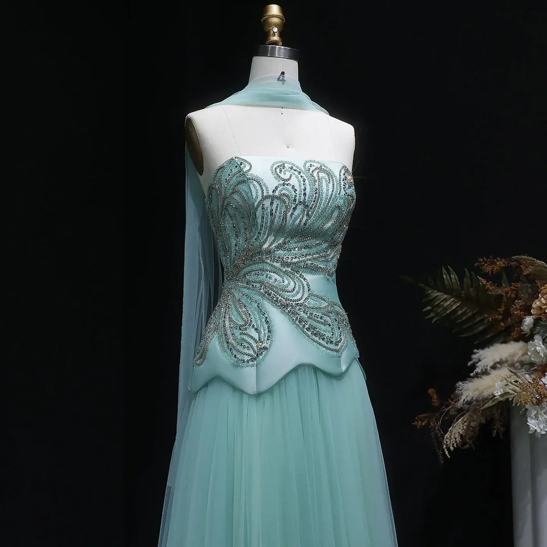 Dreamy Aqua Beaded Strapless with Scarf Evening Dress SS413 Aqua / 6 Dreamy Aqua Beaded Strapless with Scarf Evening Dress SS413 Aqua / 6