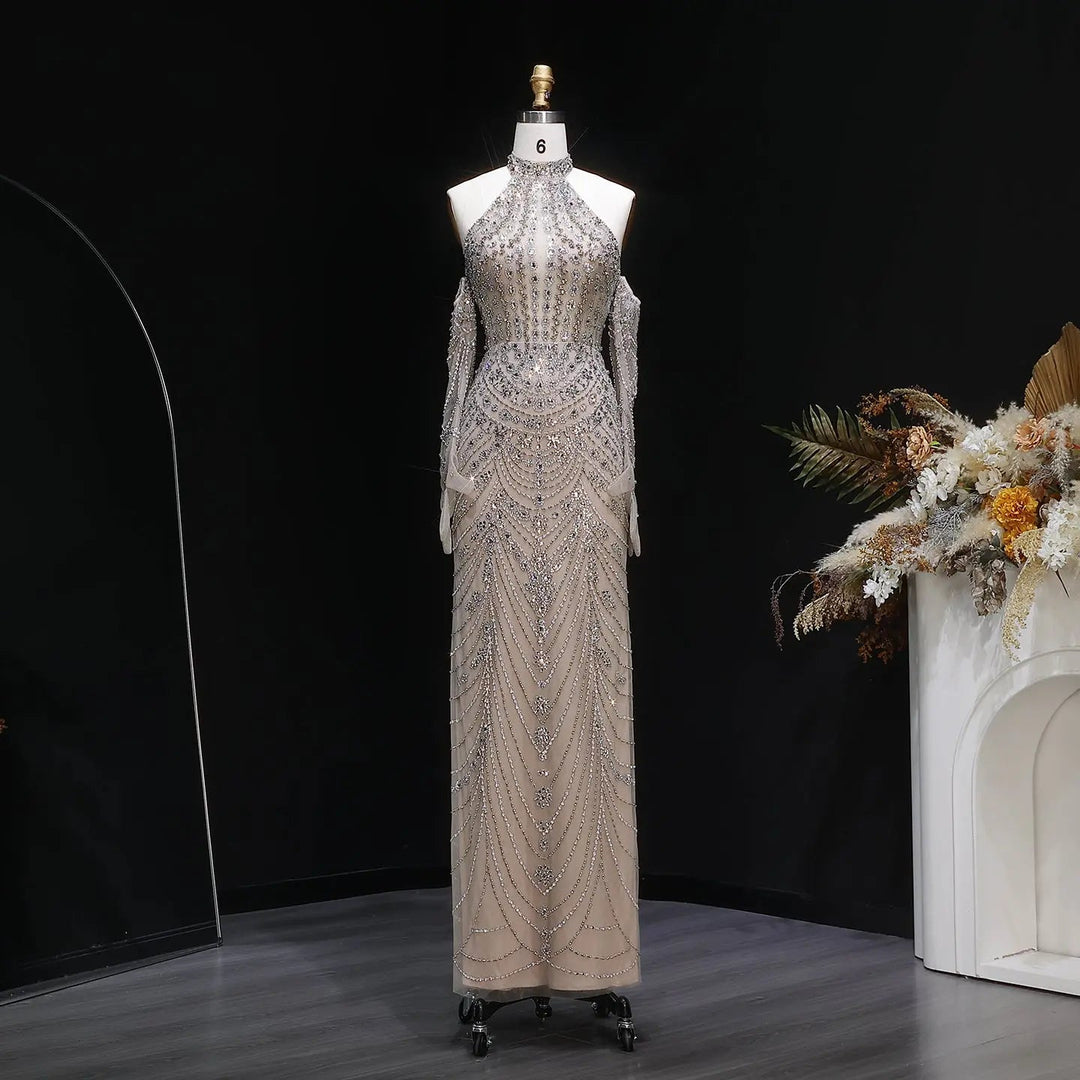 Elegant Beaded Halter Evening Gown with Sleek Silhouette Open-Back Detail SS125