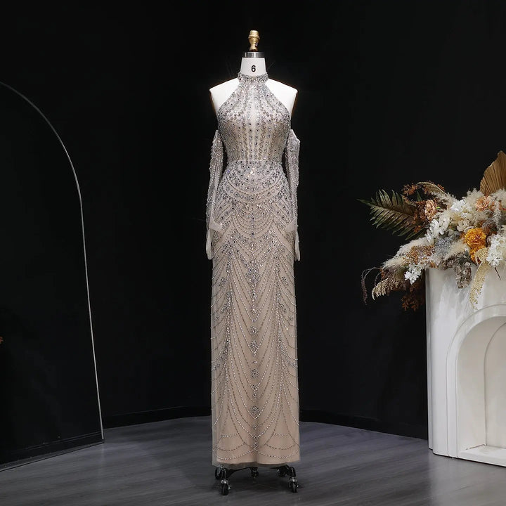 Elegant Beaded Halter Evening Gown with Sleek Silhouette Open-Back Detail SS125