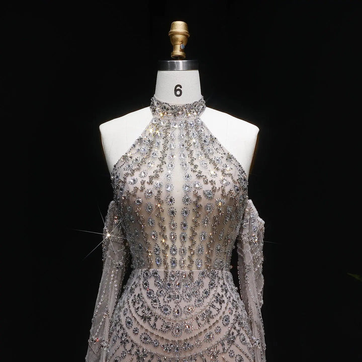 Elegant Beaded Halter Evening Gown with Sleek Silhouette Open-Back Detail SS125