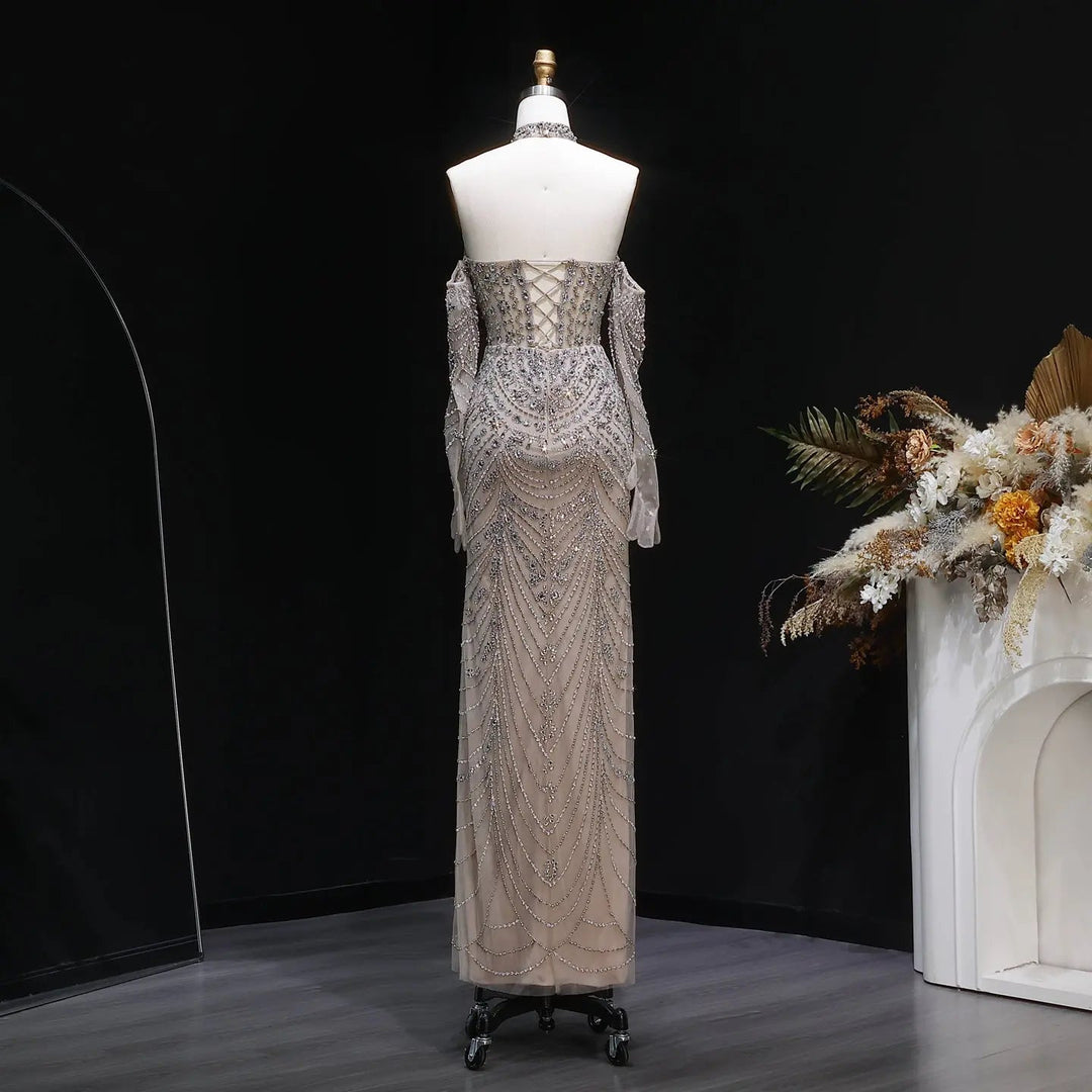 Elegant Beaded Halter Evening Gown with Sleek Silhouette Open-Back Detail SS125
