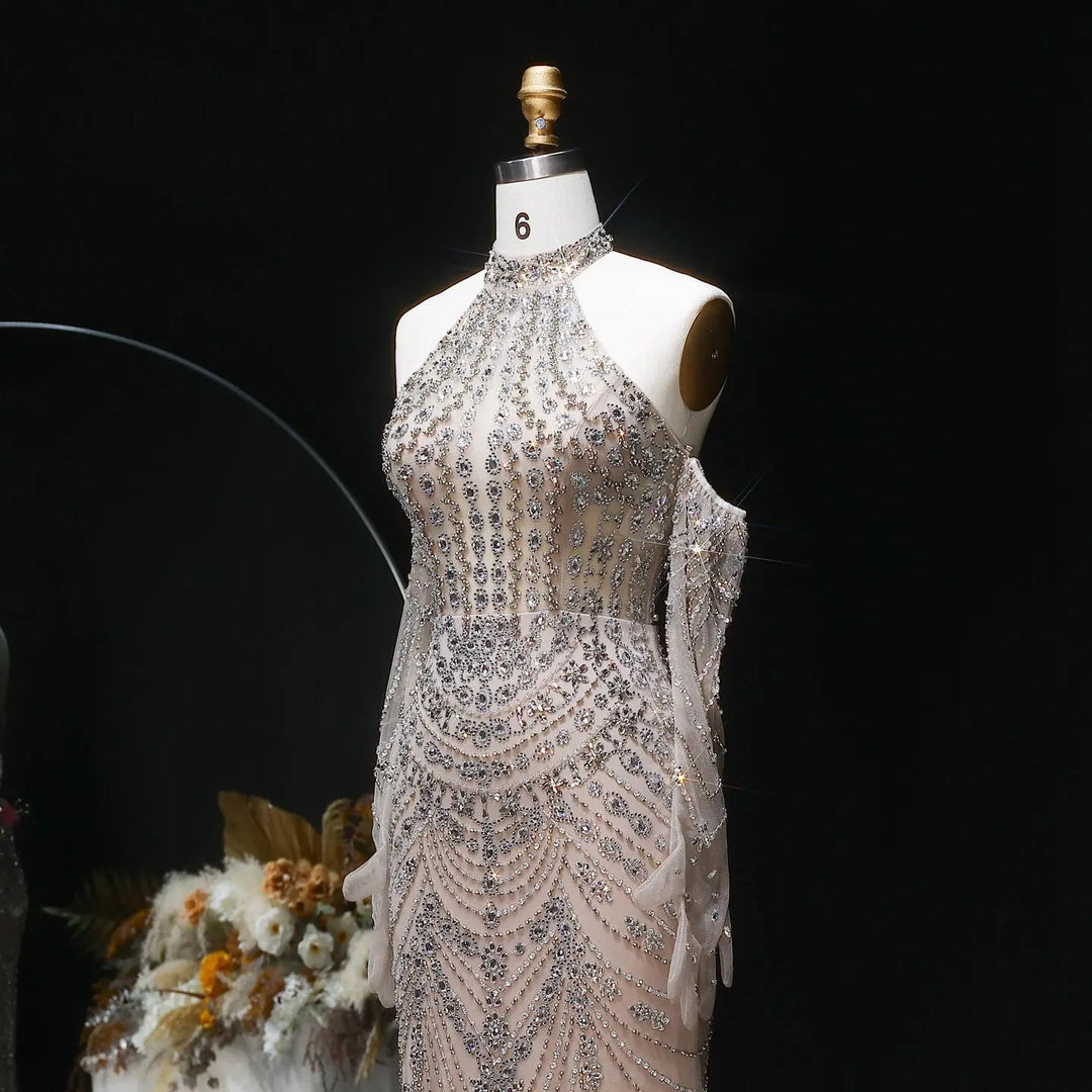 Elegant Beaded Halter Evening Gown with Sleek Silhouette Open-Back Detail SS125