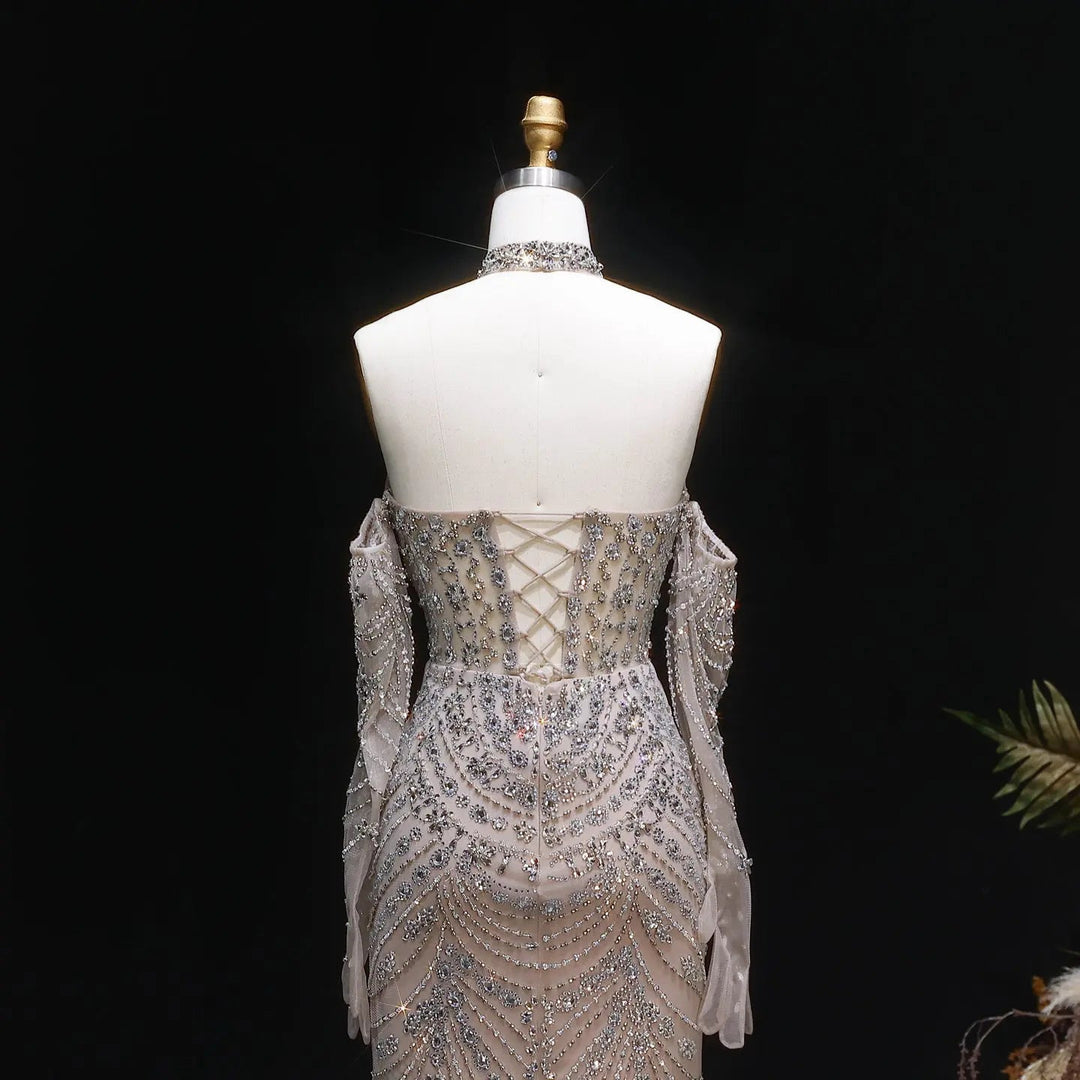 Elegant Beaded Halter Evening Gown with Sleek Silhouette Open-Back Detail SS125