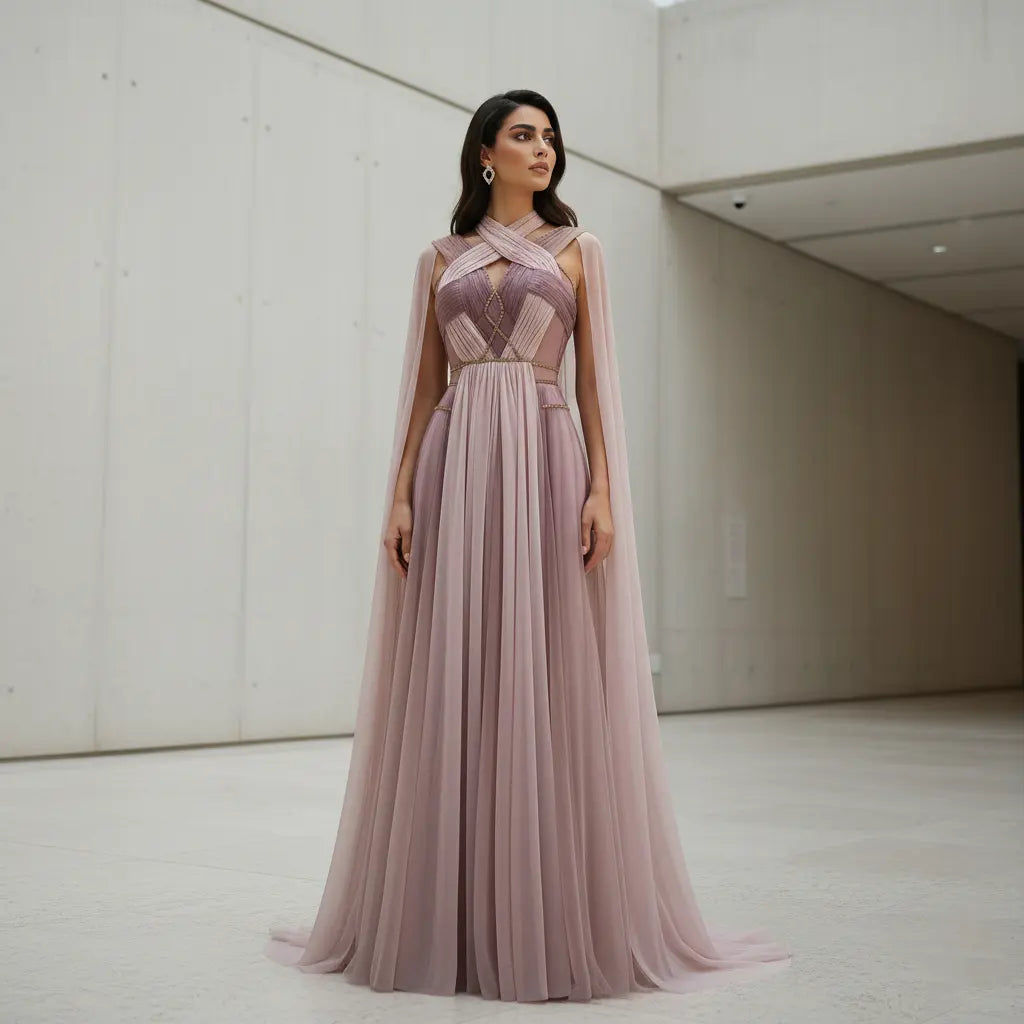 Dreamy Ombre Pink Evening Gown with Flowing Cape SS309-DreamyVow