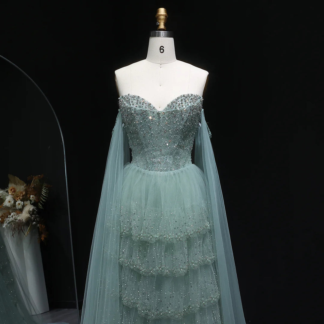 Dreamy Sage Green Off-Shoulder Beaded Evening Dress with Layered Cape SS532-DreamyVow