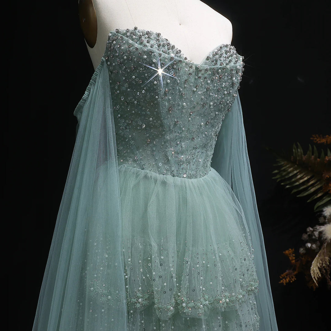 Dreamy Sage Green Off-Shoulder Beaded Evening Dress with Layered Cape SS532-DreamyVow