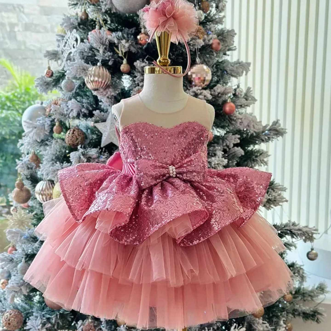Pink bow back short flower girl dress D001 back view