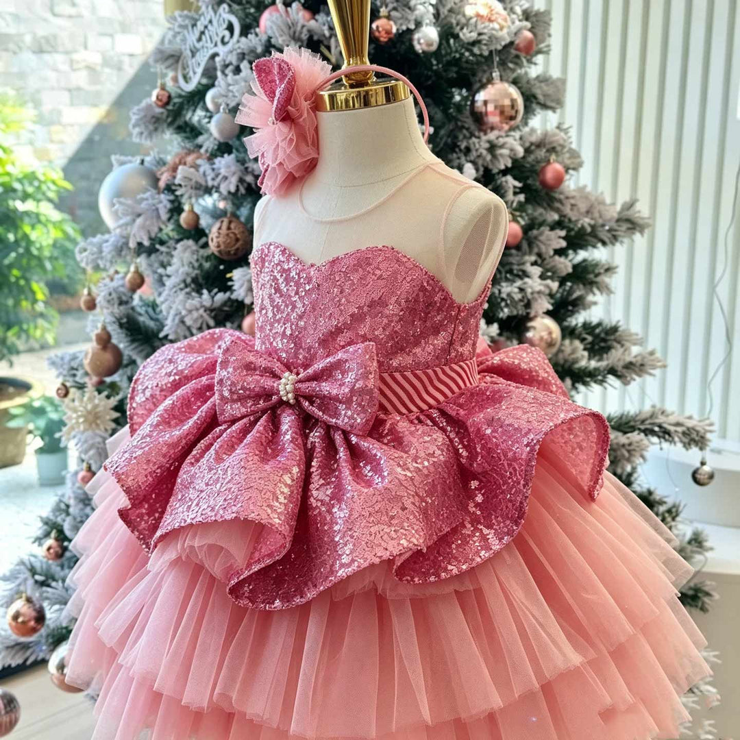 Pink sequin floral short flower girl dress D001 main view