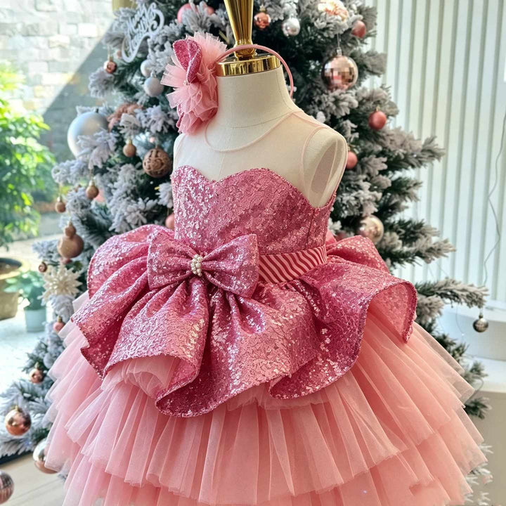 Pink sequin floral short flower girl dress D001 main view