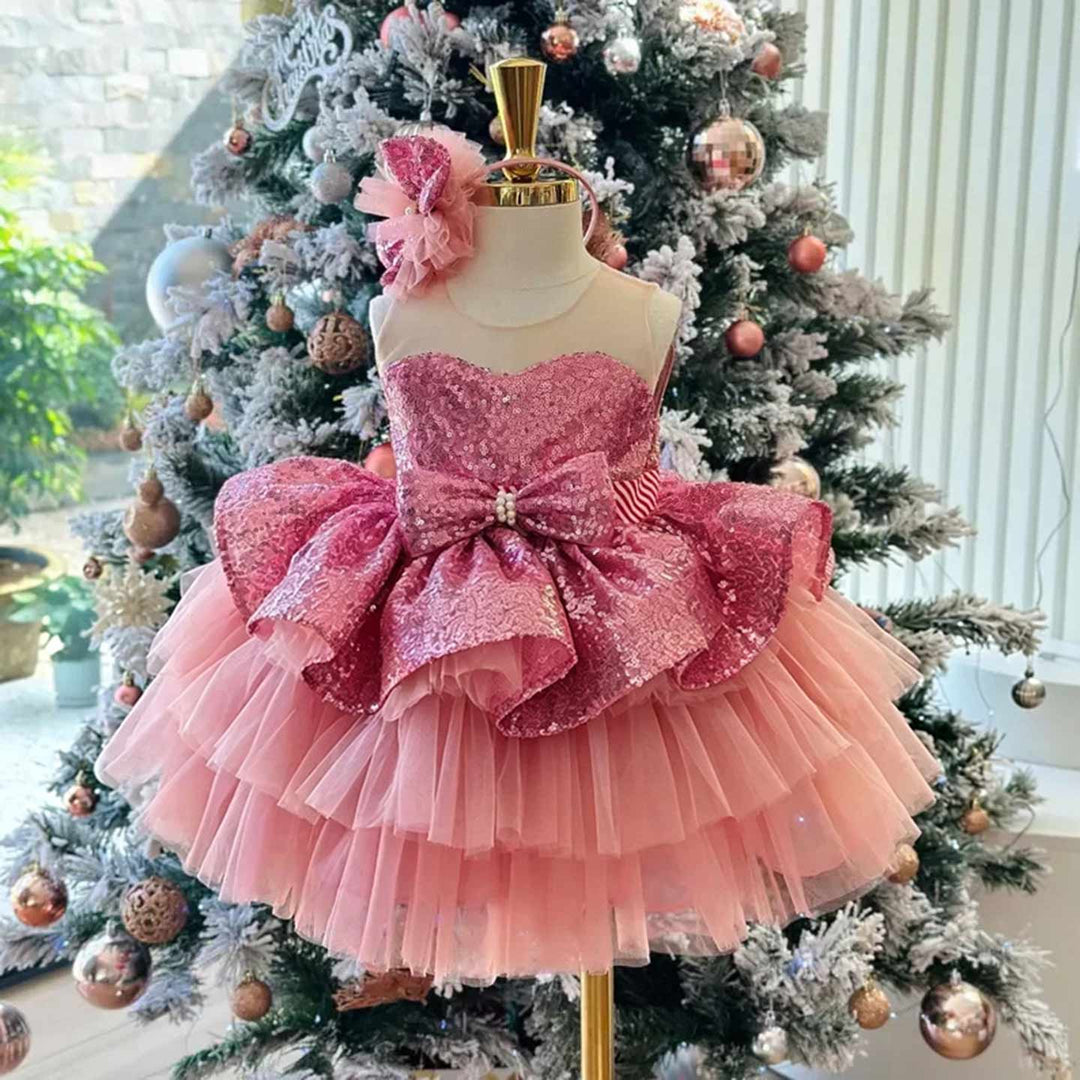 Pink sleeveless floral flower girl dress D001 front view
