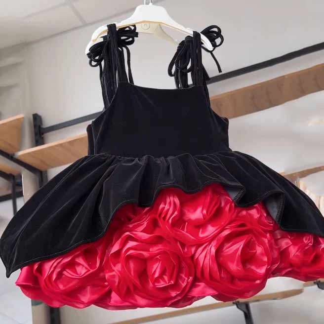 Black red bow short flower girl dress D003 front view