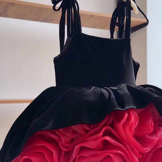 Black red sequin flower girl dress D003 detail