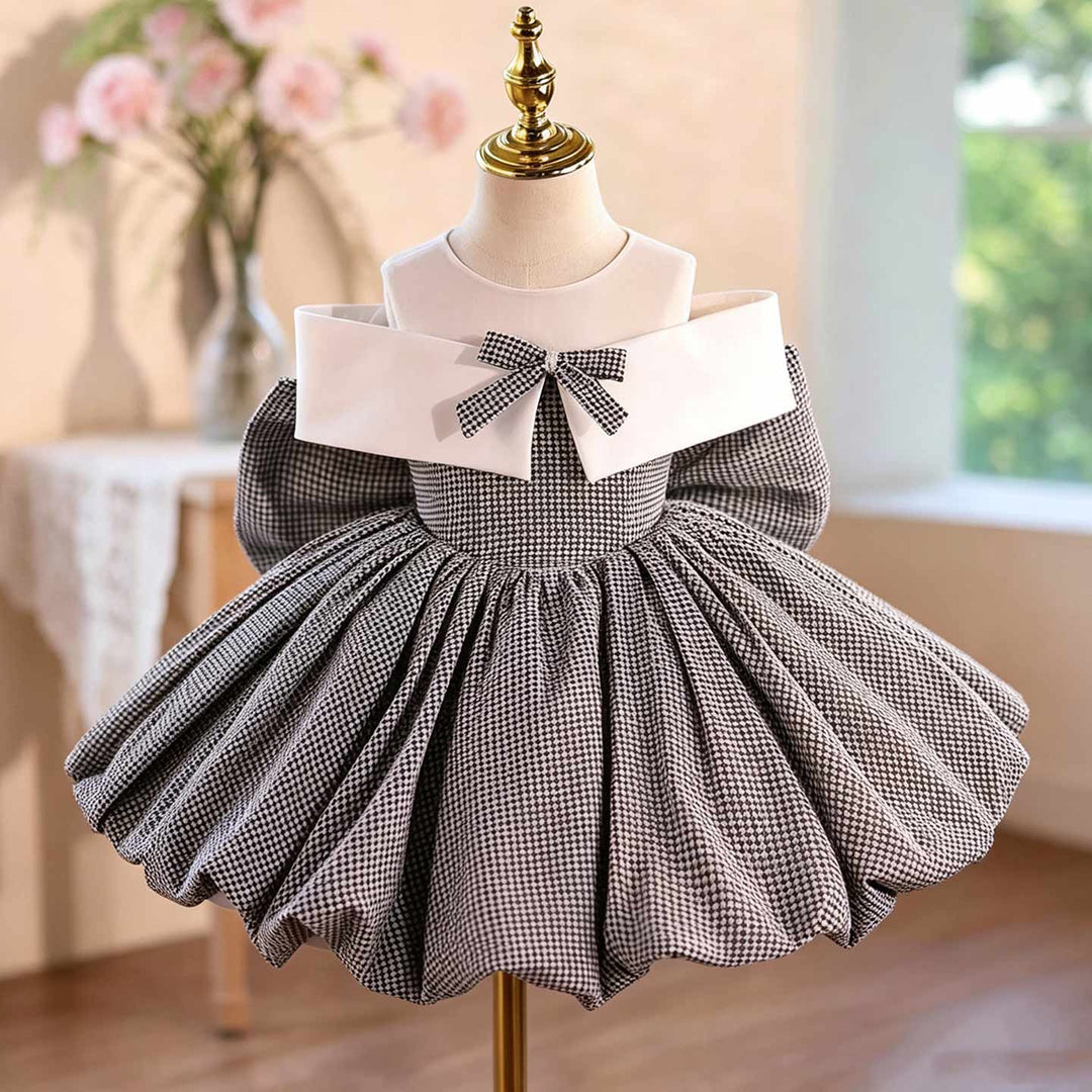 Gray houndstooth bow short flower girl dress D004 main image