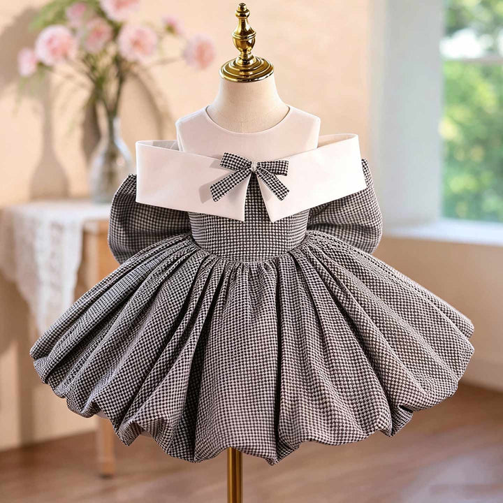 Gray houndstooth bow short flower girl dress D004 main image