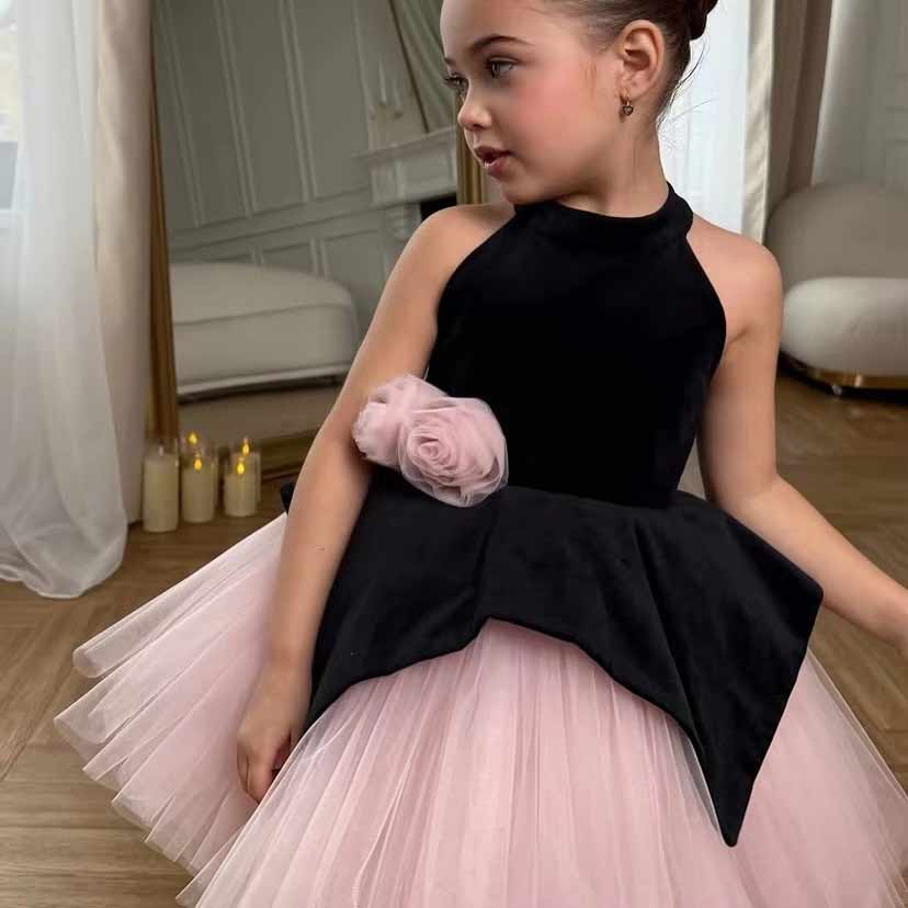 D005 black and pink floral velvet tulle girls cocktail dress detail