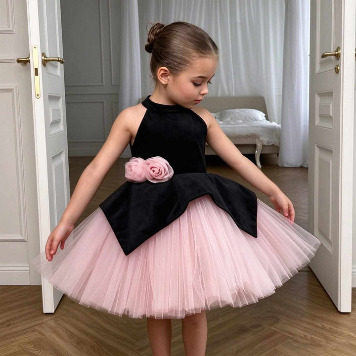 D005 black and pink floral velvet tulle girls cocktail dress lifestyle view