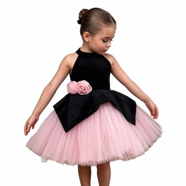 D005 black and pink floral velvet tulle girls cocktail dress